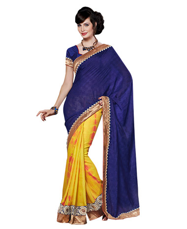 Dlines Enterprises Royal Blue And Yellow Bandhej Saree