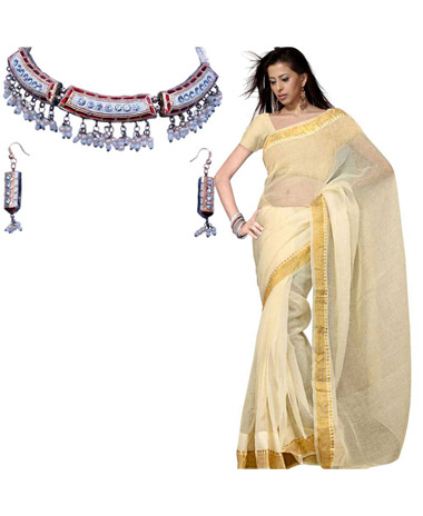 Ethnic Kota Doria Pure Cotton Fancy Saree (Elegant White Necklace Set Free)