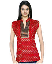 Jaipuri Brocade Silver Print Red Cotton Top